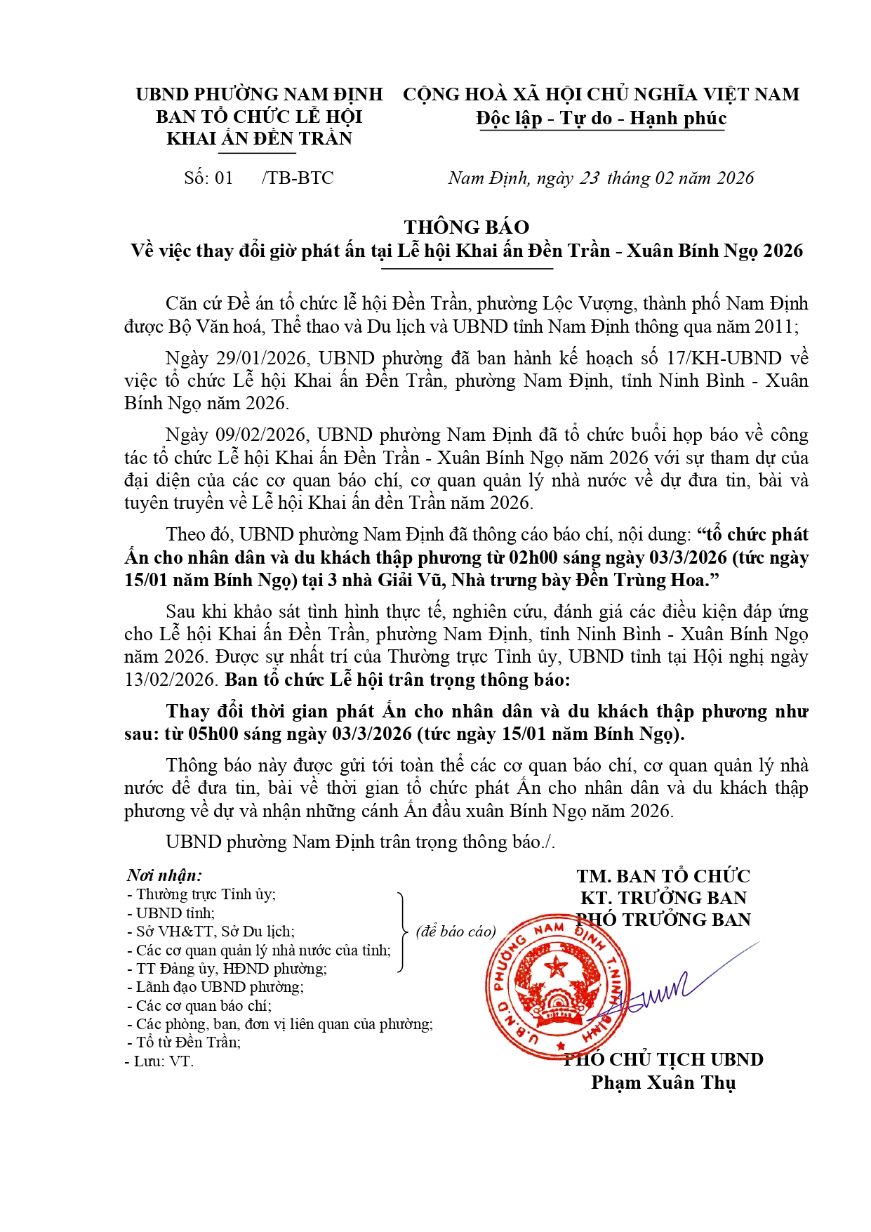 Chính thức điều chỉnh giờ phát Ấn Lễ hội Khai Ấn Đền Trần Xuân Bính Ngọ 2026